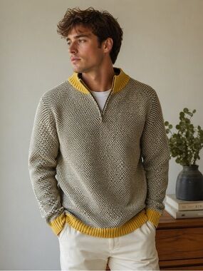 White Stuff Attadale Funnel Neck Sweater  in Yellow-Navy—Size M, NWT